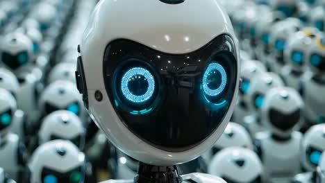 a robot standing in front of a large group of robots