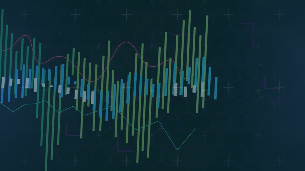 Green bars appearing left edge, blue bars emerging, lines redrawing showing data trends on hex grid