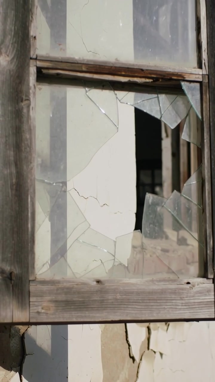 Vertical video: Shifting camera revealing jagged window on sunlit wall, showing studs and bricks