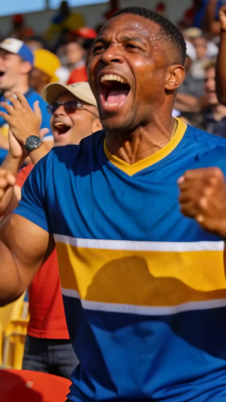 Video vertical: Aficionado gritando y agitando los puños en las gradas después de un gol, con camiseta azul y asientos amarillos