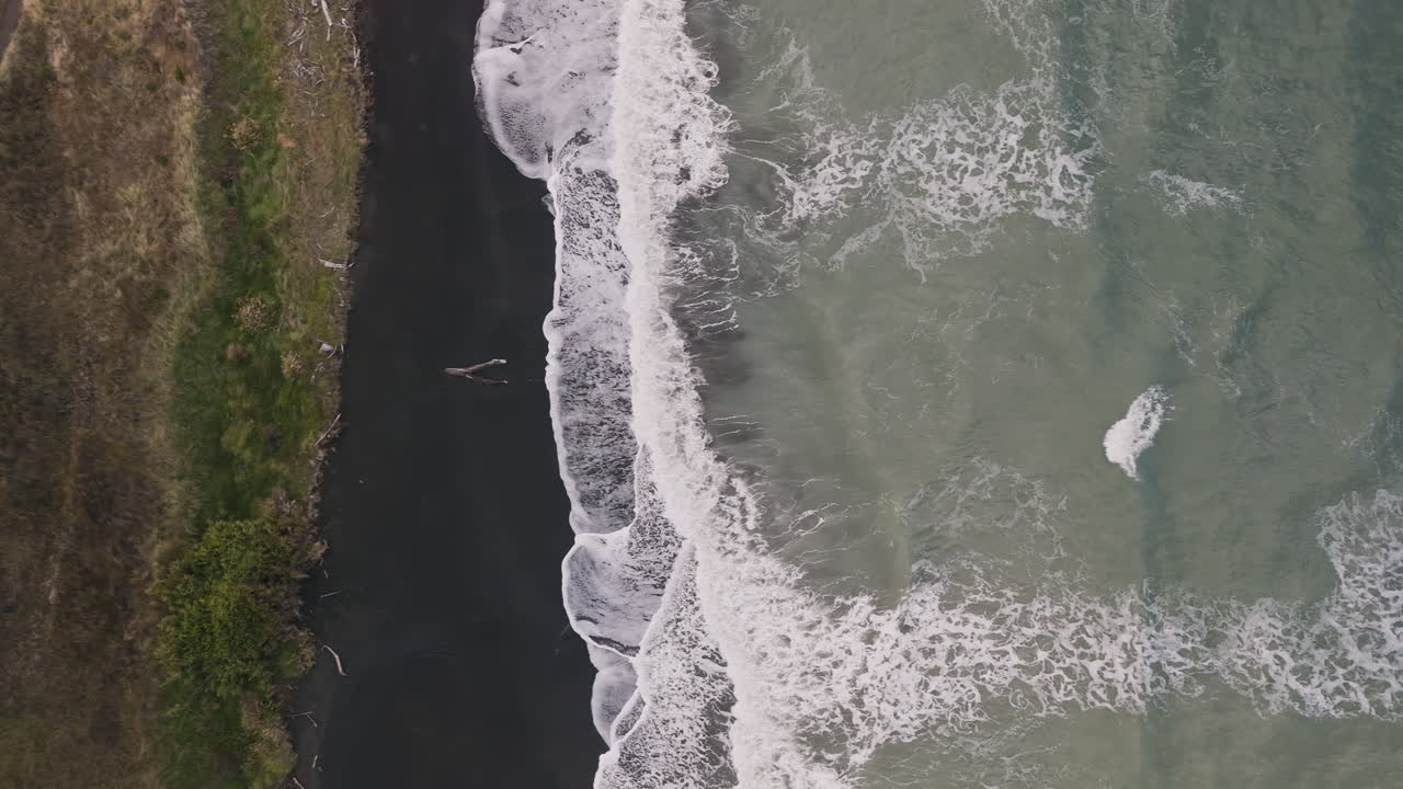 Aerial View of Black Sand Beach and Waves