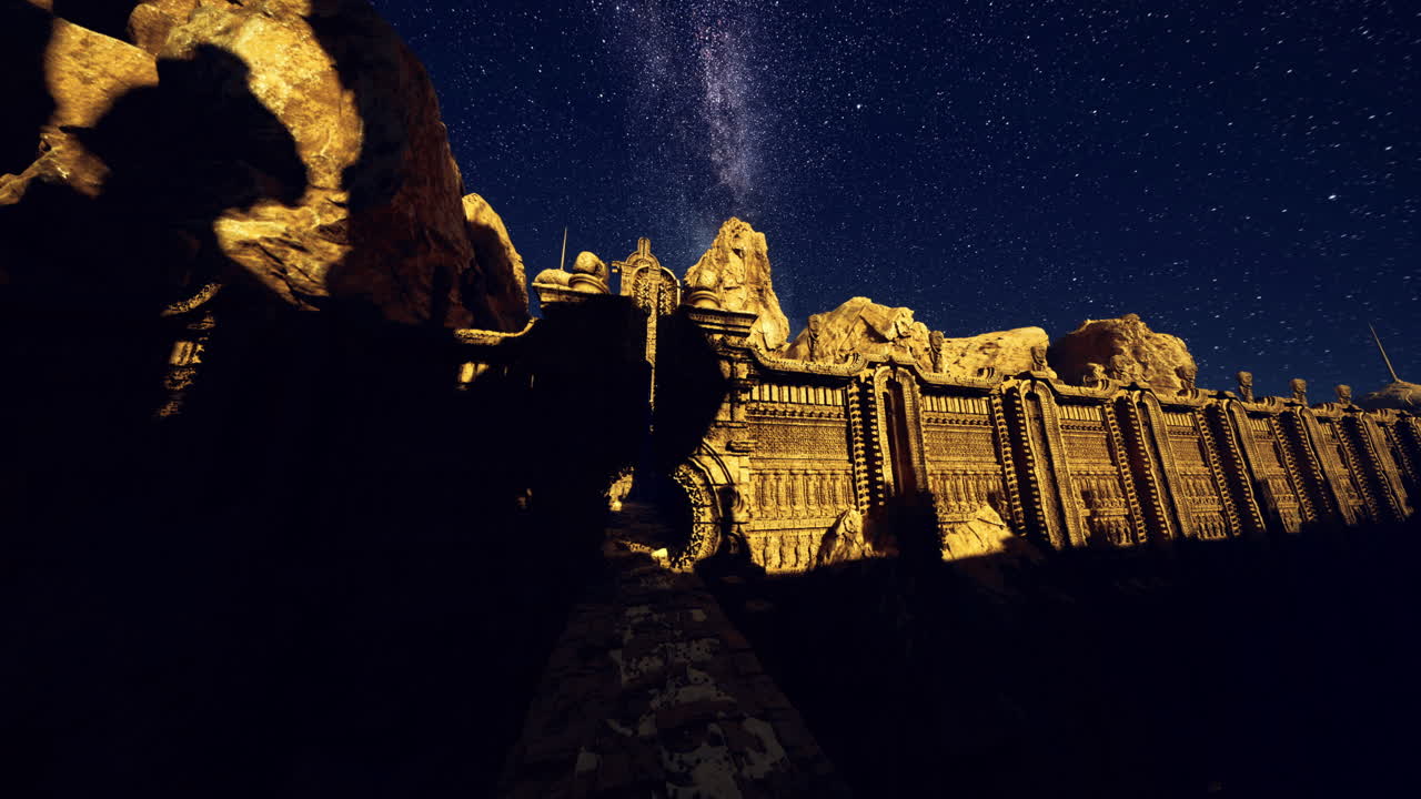 Night sky above ancient ruins with stars shining brightly in the desert