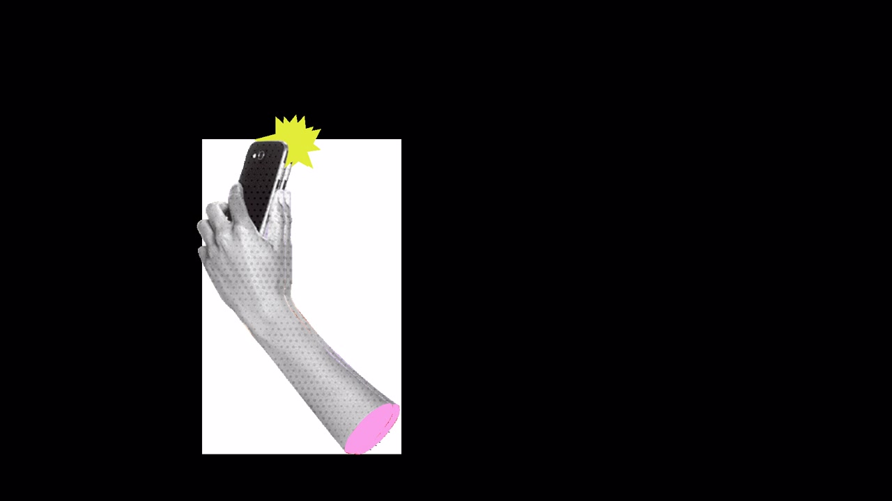 Mani e simboli animati in collage su canale alfa