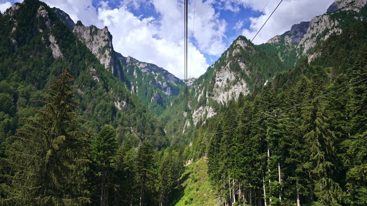 Mountain view with cable car. Lush green mountains rise majestically under a clear blue sky, showcasing nature beauty during a sunny day