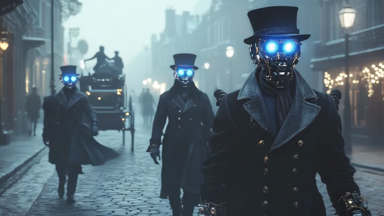 Steampunk Robots in a Foggy City Street