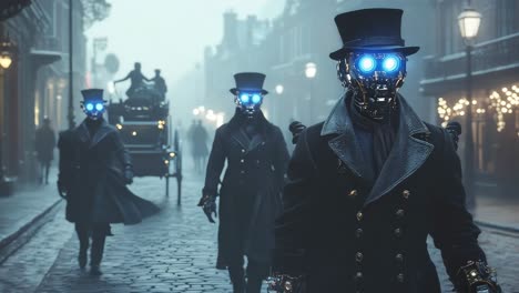 steampunk robots in a foggy city street