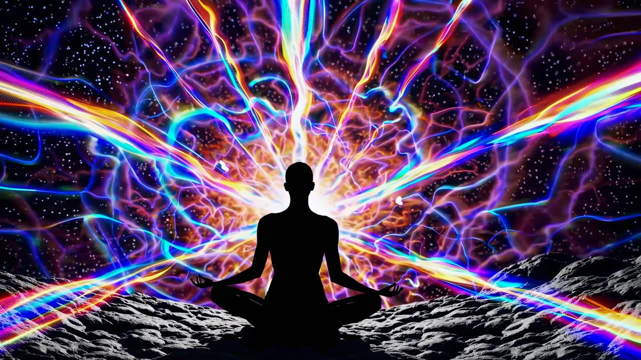 Sagoma in meditazione con vibranti raggi di energia cosmica.