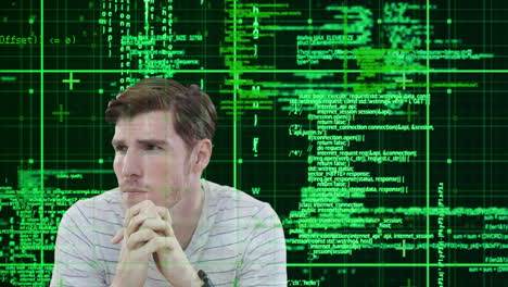 animation of a worried looking caucasian man over green numbers and statistics