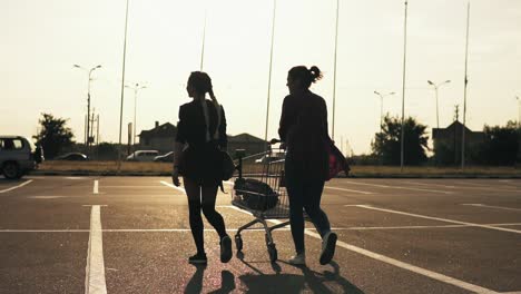 back view of two attractive stylish girls walking on parking lot of shopping center