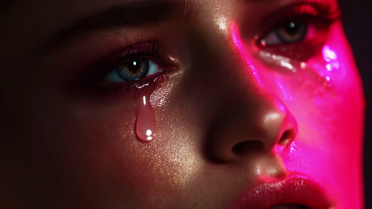 An Intimate Exploration of Emotion: This Artful Representation Captures a Close-Up of a Subject's Tearful Expression, Highlighting the Contrast Between the Vibrant Colors and the Depth of Human Emotion