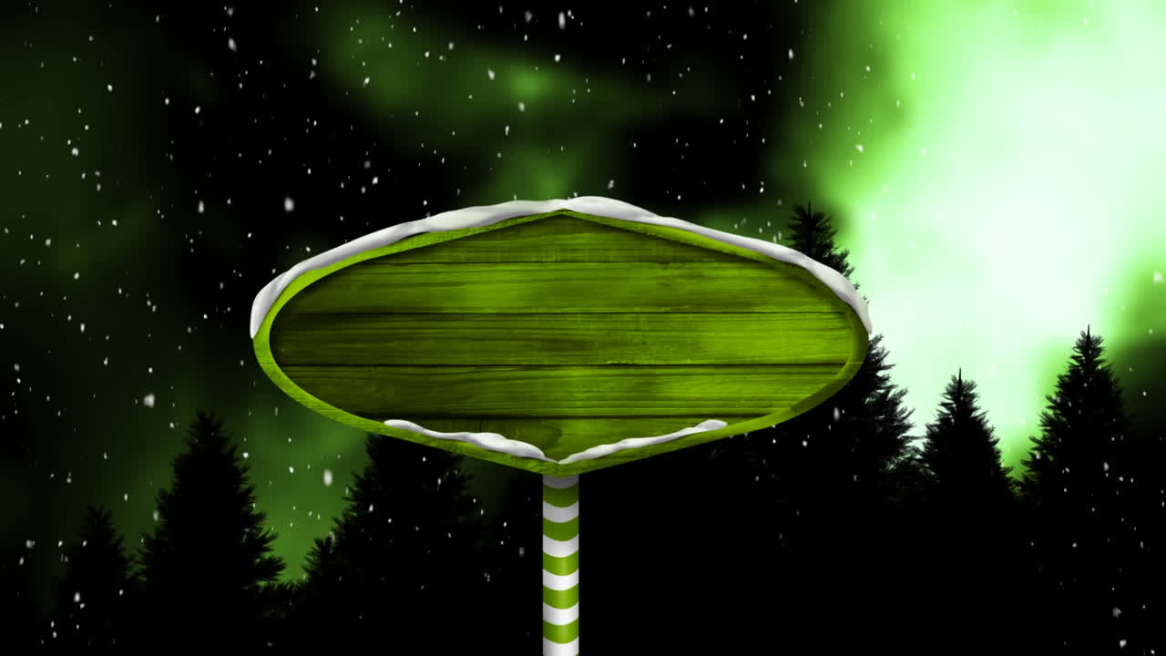 падающий снег и деревянная вывеска