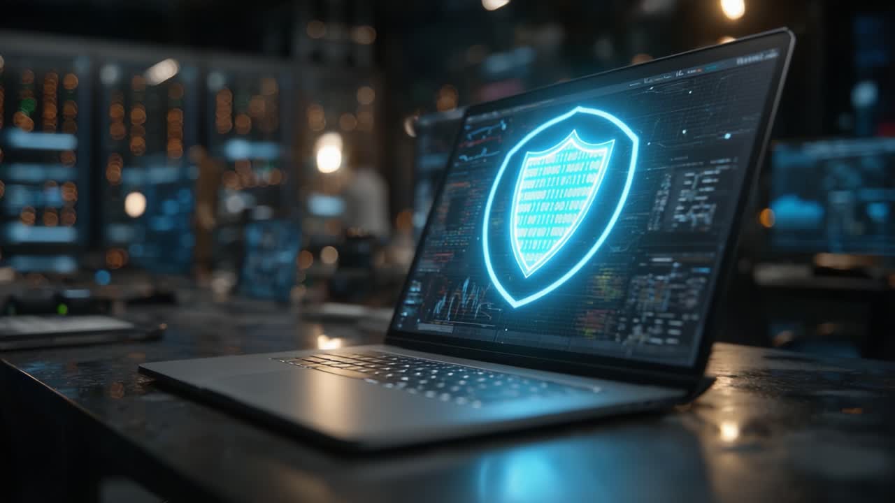 A Modern Laptop Displaying Cybersecurity Graphics in a High-Tech Environment with Digital Data Visualizations and a Shield Icon for Data Protection