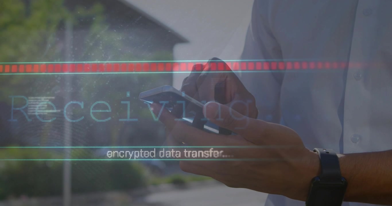 Tech worker tapping smartphone on path causing animated progress bar indicating encrypted transfer