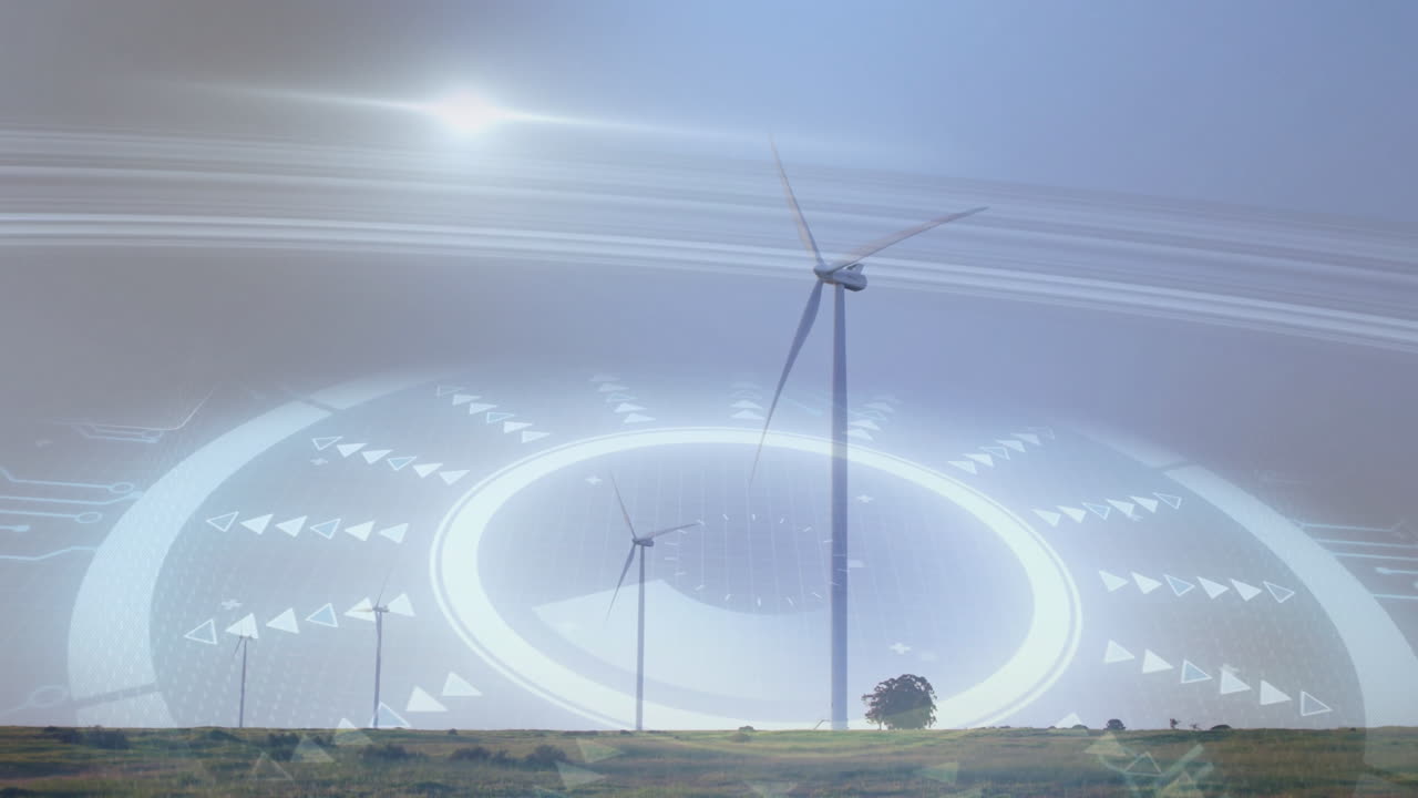 Large wind turbine being animated on grassy plain, showing digital HUD rings and flat icons