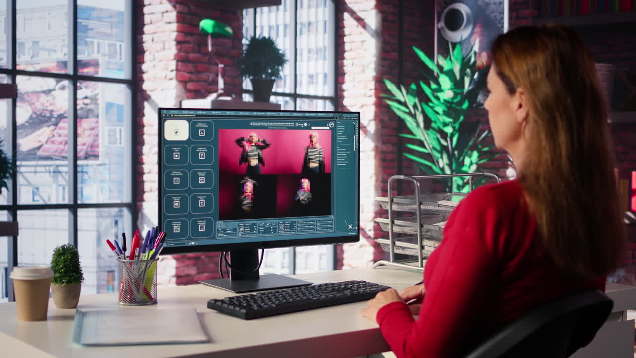 Woman working with 3D design editor on computer in office