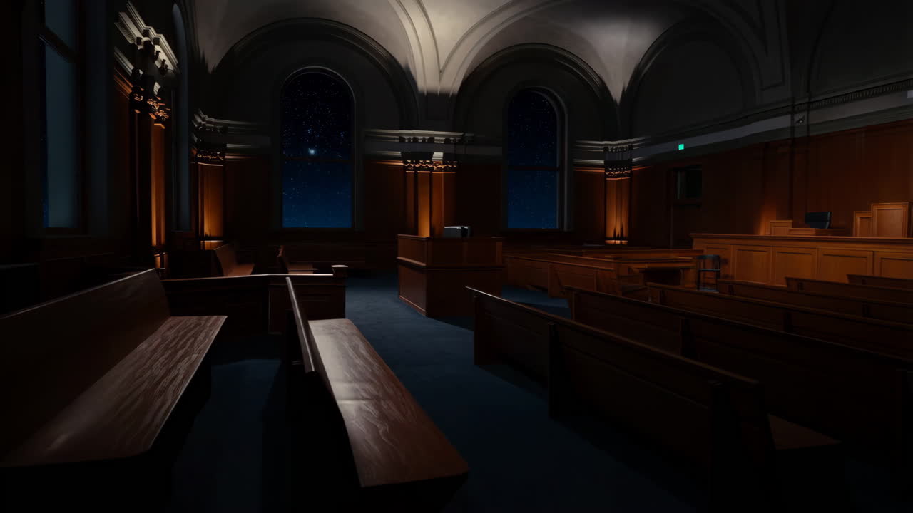 Empty Courtroom at Night with Starry Windows