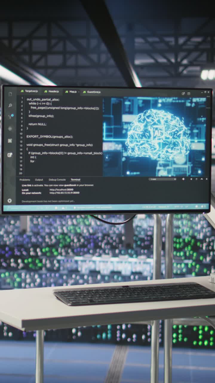 Vertical video Elevated industrial data center control station screen monitoring AI servers