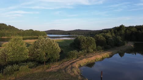 Der-Blick-Auf-Einen-Nahen-Flug-Zwischen-Büschen-Am-Ufer-Eines-Breiten-Blauen-Flusses,-Der-Durch-Die-Landschaft-Fließt