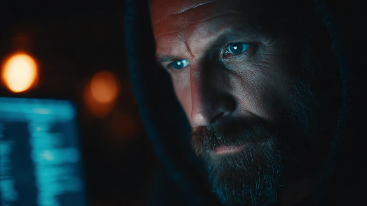 A Focused Individual Analyzing Data on a Computer Screen in a Dimly Lit Environment, Showcasing Intense Concentration and Tech-Driven Ambiance