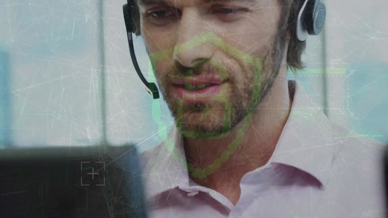 Animazione di connessioni con icone su uomo d'affari che usa le cuffie telefoniche