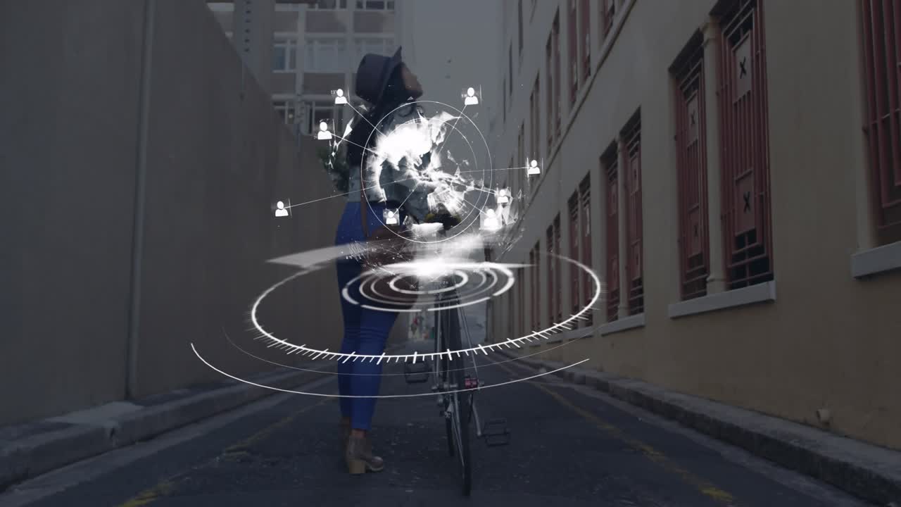 Woman pushing bicycle in alley, glow causing rings spinning with globe network nodes for tech demo