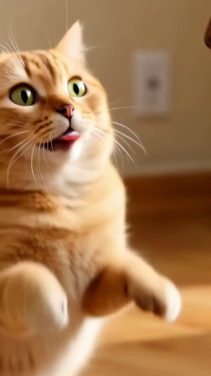 Vertical video: Pouncing adult ginger tabby cat reacting to tossed ...