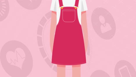 animation of girl wearing face mask icon over digital icons on pink background