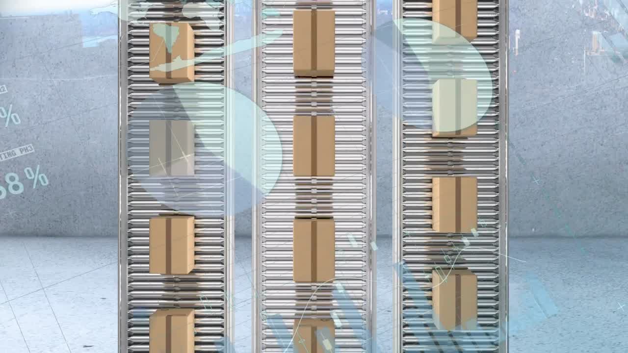 procesamiento de datos estadísticos frente a la vista aérea de las cajas de entrega que se mueven en cinta transportadora