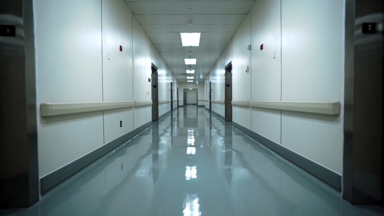 Moving camera capturing empty clinical corridor advancing toward exit sign, to reveal closed doors