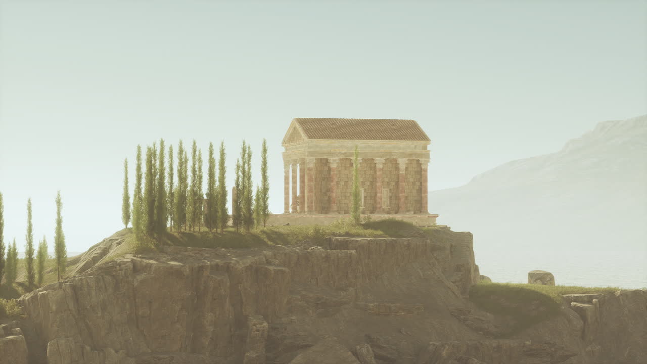 Ruins of an ancient roman temple atop a cliff surrounded by cypress trees