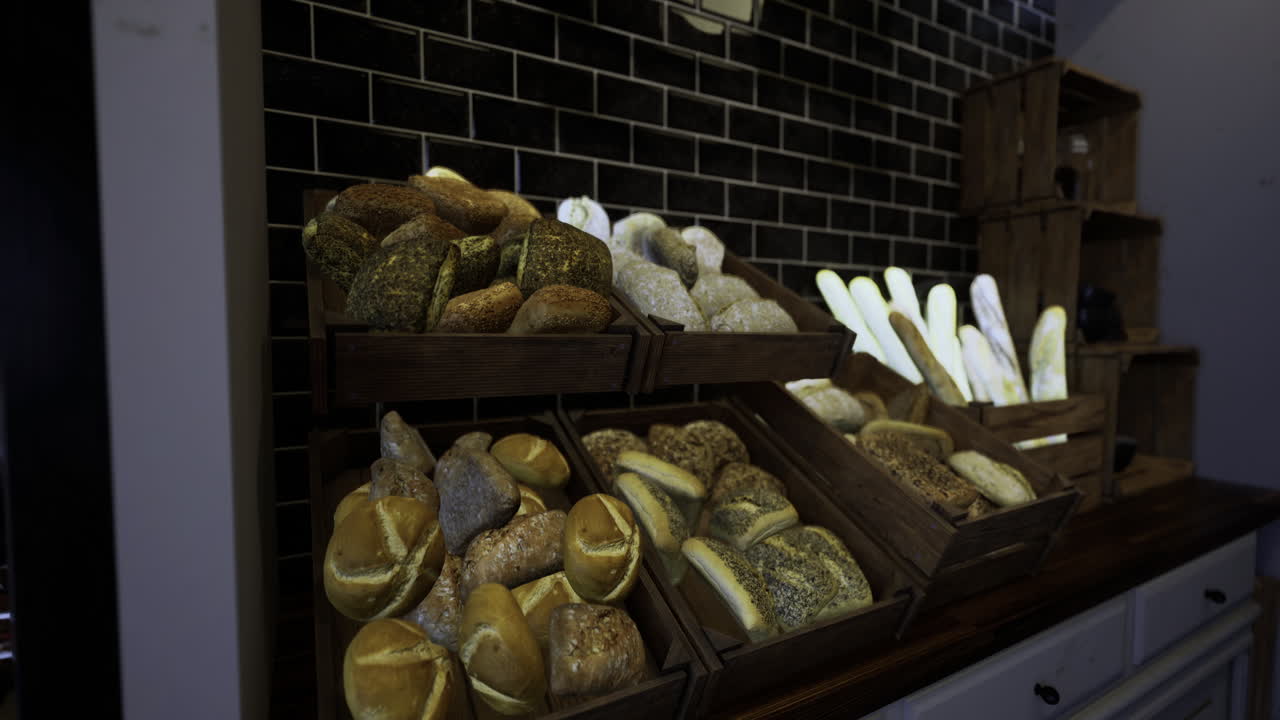 Fresh bread display at a bakery