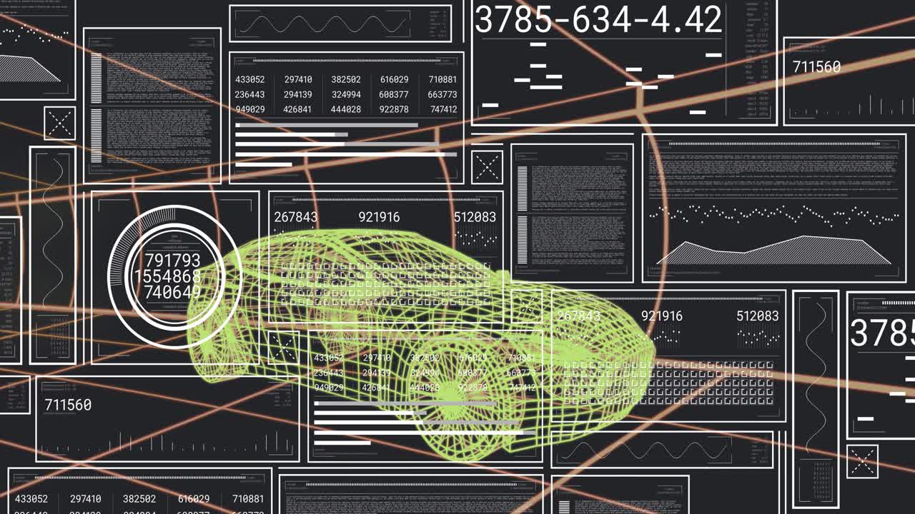 On scan command HUD scanning neon-green wireframe car, panels updating to complete scan cycle