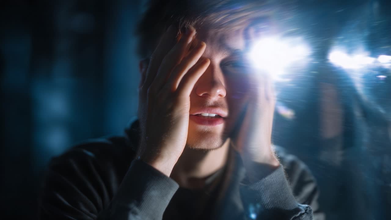 Espressioni Evolvute di Emozione: Il Viaggio di una Persona Giovane dalla Sofferenza alla Gioia in un Contesto Riflessivo Illuminato da Luci Misteriose