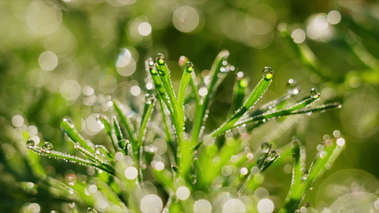 Captivating Macro Shot of Dew-Dripped Greenery Glimmering in Soft Light, Showcasing Nature's Beauty and the Intricate Details of Fresh Leaves and Water Droplets