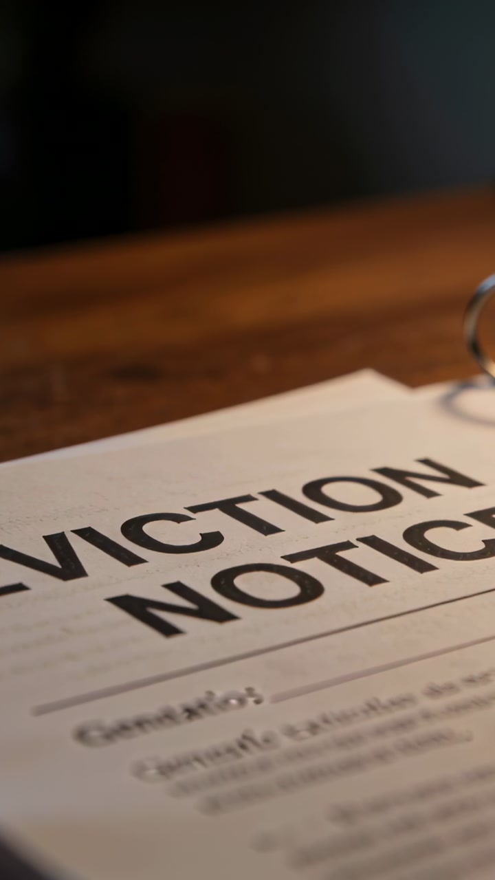 Vertical video: Sliding keyring entering on wood table beside EVICTION NOTICE paper, signaling exit
