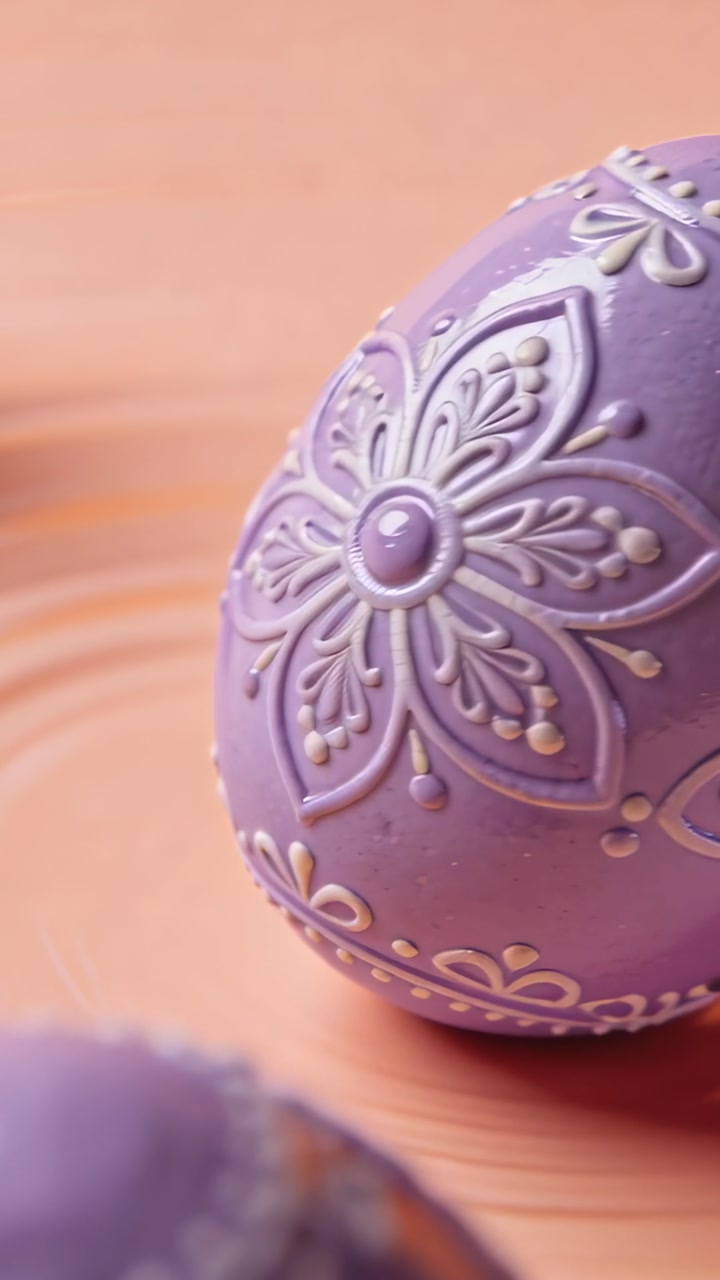 Camera shifting right, centering purple egg, revealing floral motif with glossy glow on peach plate