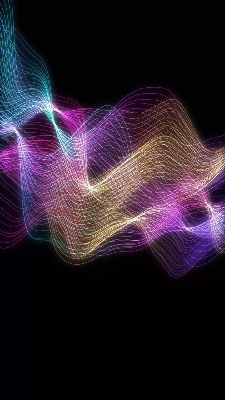 Luminous neon waves and lines flow smoothly against a black background in vertical format.