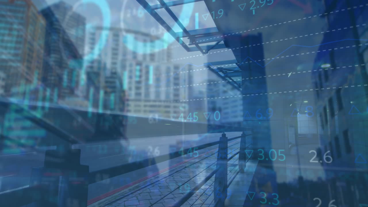 animación del procesamiento de datos financieros sobre el paisaje urbano