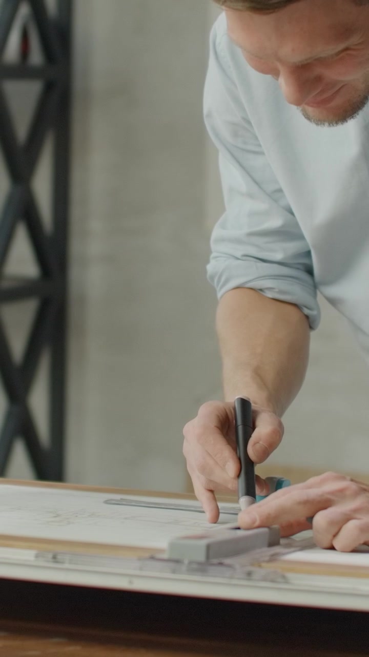 Architect Working on Blueprint at Drafting Table