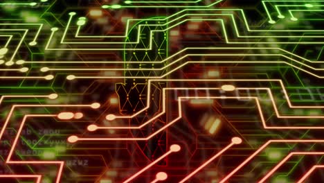 Animation-of-online-biomeric-face,-data-processing-over-computer-circuit-board