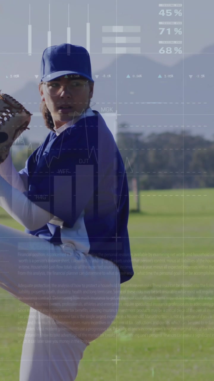 Animazione di elaborazione dati su giocatrice di baseball caucasica.