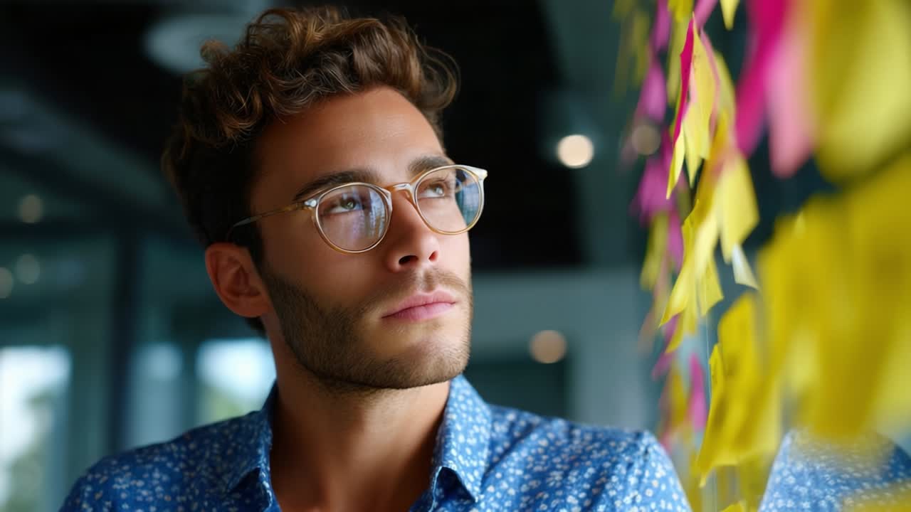 Thoughtful Young Man in Glasses Contemplating Ideas While Gazing at Colorful Sticky Notes on a Glass Wall, Reflecting Creativity, Inspiration, and Focus in a Bright Workspace Environment