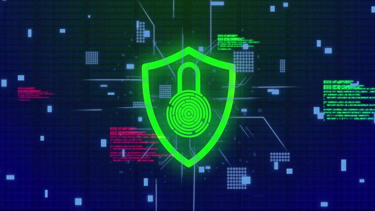 Animation of data processing with padlock icon and computer circuit board on black background