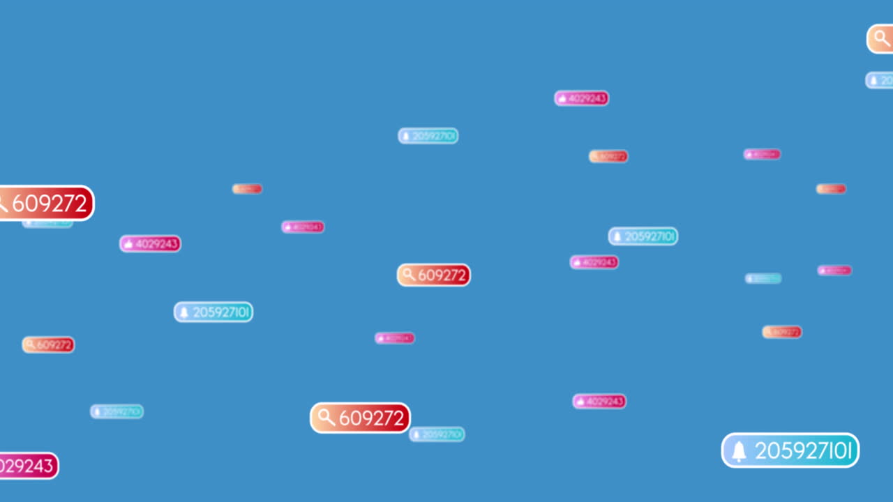 Animation of social media icons floating against blue background with copy space