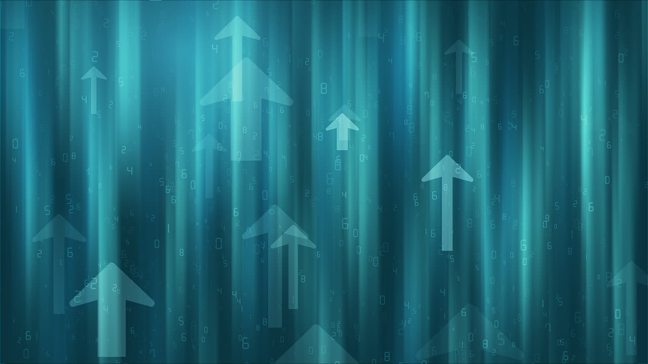 Upward movement of arrows and numbers on a blue gradient background. Looped financial business animation.