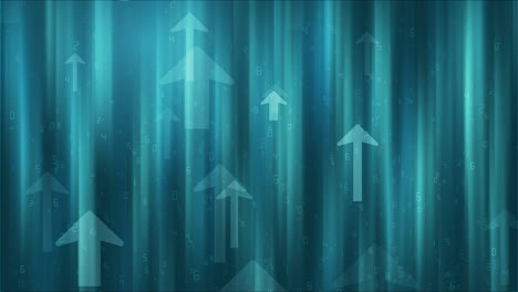 upward movement of arrows and numbers on a blue gradient background. looped financial business animation.