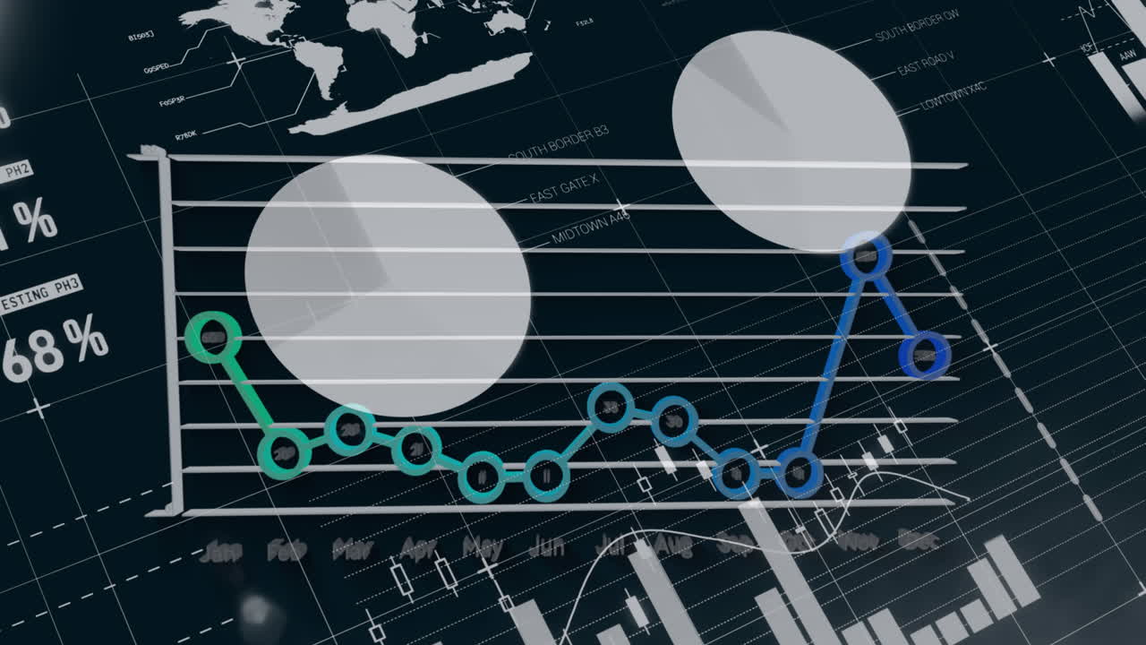 인포그래픽 인터페이스를 통해 달의 이름을 가진 그래프를 형성하는 연결된 점의 애니메이션
