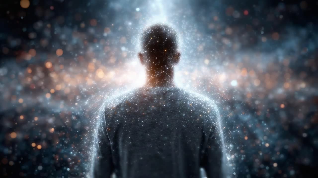 A Mystical Journey: Exploring the Cosmic Connection Between a Figure and the Universe as Celestial Lights and Stars Illuminate the Surrounding Space