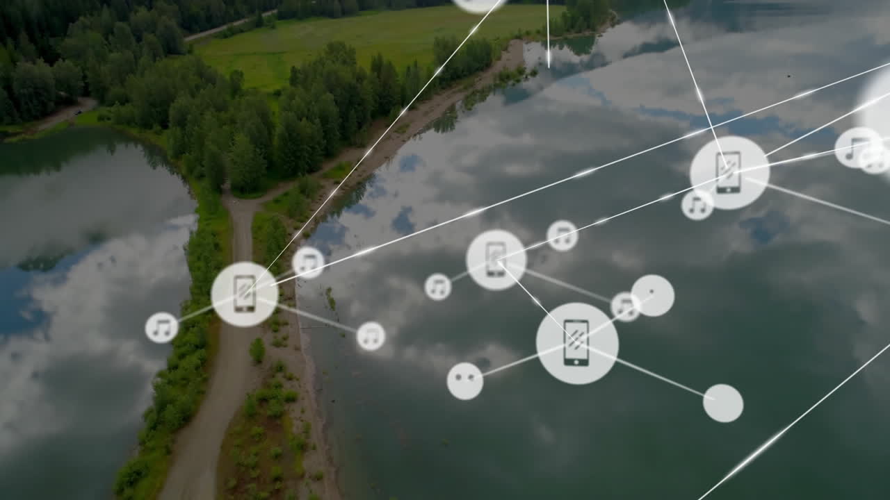 Animation of digital network overlaying serene lake and forest landscape