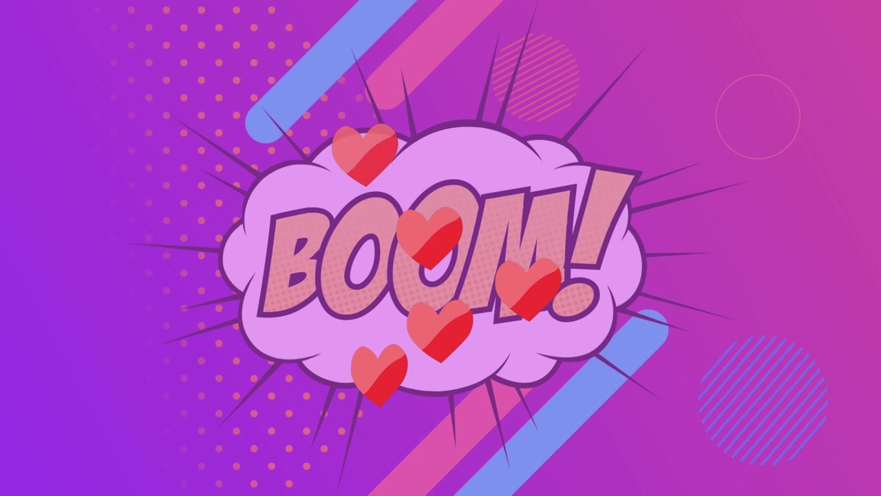Animazione di cuori rossi che si muovono sopra il testo "boom" in una nuvola con forme astratte su sfondo viola.